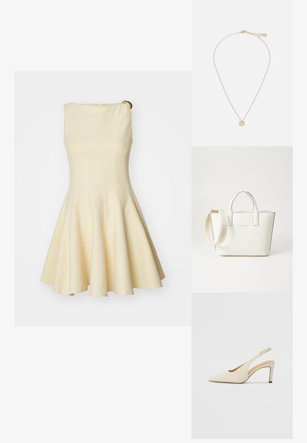 Maje RISOLEIL - Vestido de cóctel - jaune; Tacones de piel beige tipo slingback con punta afilada, diseño de lado abierto y un tacón alto y delgado. Presentan un acento dorado en la correa.; Bolso de mano de cuero sintético blanco con asas cortas, correa de hombro ajustable y herrajes en tono dorado; presenta un sutil logo en la parte frontal.; Collar de oro con una delicada cadena y un colgante redondo adornado con pequeñas piedras preciosas engastadas, que realzan su apariencia radiante.