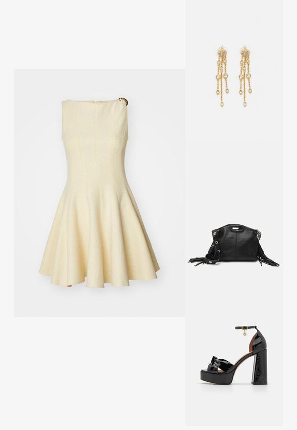 Maje RISOLEIL - Vestito elegante - jaune; Maje Sandali con tacco - noir; Maje MISS MINI - Borsa a tracolla - noir; Orecchini dorati con molteplici catene a cascata, dotati di accenti in strass ovali trasparenti e parte superiore decorativa a perno.