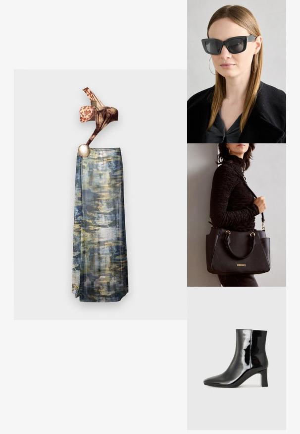 En- skulderkjole med en brun og mønstret liv, flytende gjennomsiktig skjørt med blå, grønn og gyllen abstrakt mønster, metallisk detaljer.; Sorte patentlær ankle boot med spiss tå og en mellomhøy blokkhelt. Glatt tekstur og minimalistisk design.; Sorte katteøyne solbriller med mørke linser, tykke rammer og subtile detaljer. Båret med en svart frakk og grå topp, med langt, rett hår.; Svart håndveske med teksturert overflate, doble topphåndtak og justerbar skulderrem. Har detaljer i gulltone og sidelommer.