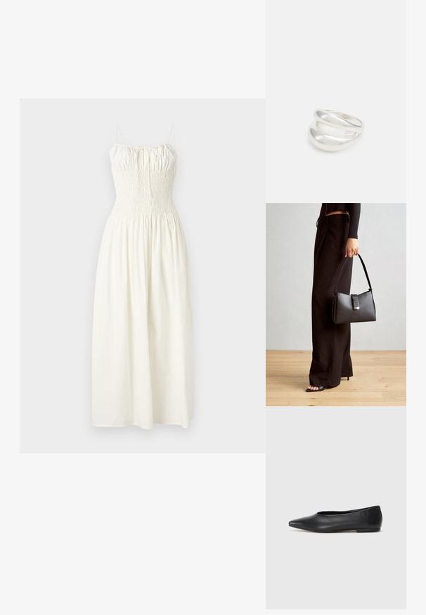 Faithfull the brand AYA STRING MIDI DRESS - Dnevna haljina - white; Crne kožne balerinke, uski vrh, minimalistički dizajn, glatka tekstura, niska peta, bez vidljivih dodataka ili ukrasa.; Crna torba s oblikom koji sadrži strukturu, glađu teksturu i metalnu kopču. Uparena s širokim crnim hlačama i sandalama na otvorenom s drvenog poda.; Srebrna dvostruka prsten s glatkom, poliranom površinom. Karakterizira ga fluidan, zakrivljen dizajn s preklapajućim sekcijama za moderan izgled.