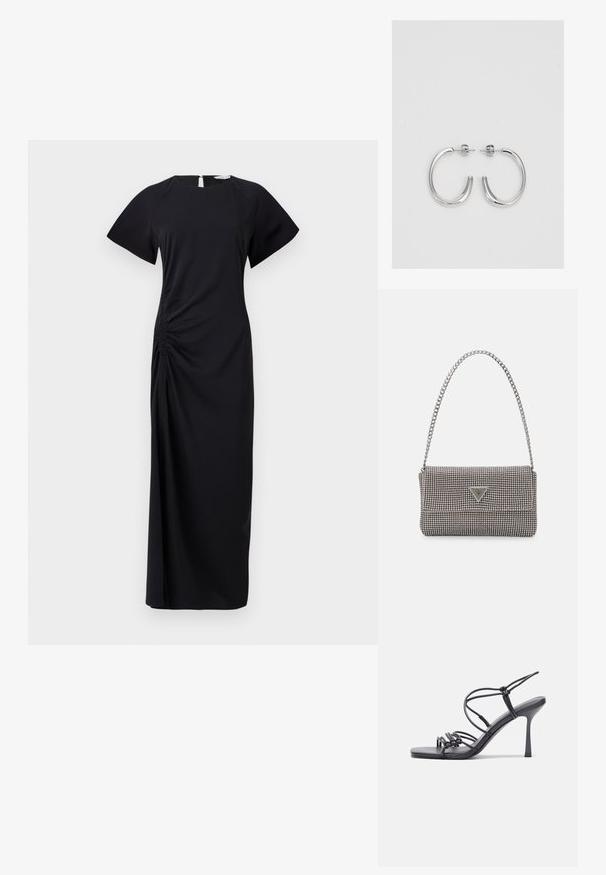 Rochie neagră, lungă, cu mâneci scurte, cu drapaje pe lateral și un decolteu în formă de cheiță la spate. Confecționată dintr-un material moale, cu o textură netedă.; Sandale negre cu toc înalt au curele subțiri cu un design legat, un vârf pătrat neted și un toc stiletto elegant.; Geantă metalică gri deschis, cu un strap din lanț, decorată cu mici ținte circulare metalice și un logo de marcă triangular.; Cercei rotunzi din argint cu un finisaj neted și strălucitor. Design ușor, având o formă rotundă și închidere cu tijă.