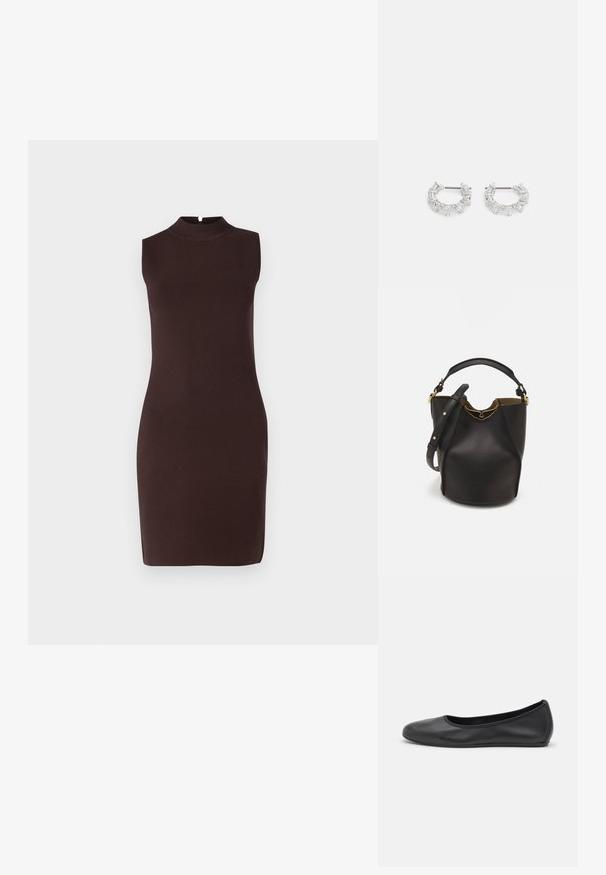 Brun ærmeløs tætsiddende kjole med høj hals, lavet af glat stof, der har et minimalistisk design og knælængde.; Sort læderballetsko med rund tå, glat tekstur, minimal syning og et fleksibelt såldesign.; Sort læder bucket taske med en struktureret overflade, guld hardware detaljer og en åben top. Har et kort håndtag og justerbar skulderrem.; Sølv hoop øreringe med klare, rektangulære og triangulære krystaller arrangeret i et mønstret design. Stik til sikker fastgørelse.
