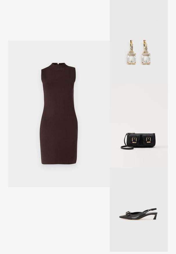 Abito fitted senza maniche di colore marrone con colletto alto, realizzato in tessuto morbido, caratterizzato da un design minimalista e un taglio al ginocchio.; Scarpa slingback in pelle nera con punta affusolata, tacco basso e dettaglio decorativo a fibbia sulla parte superiore. Texture liscia, design minimalista.; Borsa a tracolla nera in pelle con due tasche frontali, fibbie dorate, chiusura con zip e una tracolla sottile. Superficie texturizzata e forma rettangolare compatta.; Orecchini in tonalità dorata con un cristallo trasparente rettangolare sospeso sotto una fila di piccoli accenti trasparenti rotondi. Design elegante e moderno.