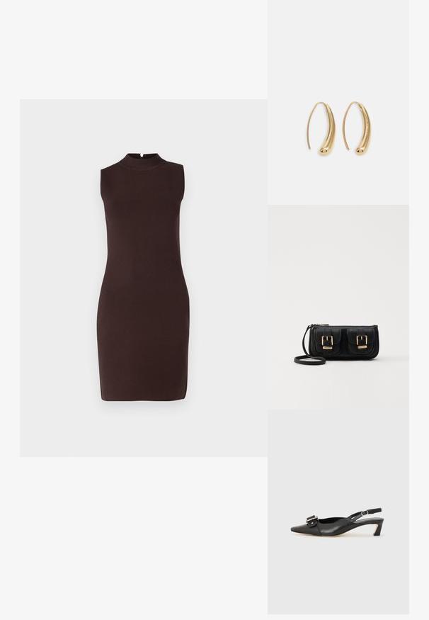 Brun ærmeløs tætsiddende kjole med høj hals, lavet af glat stof, der har et minimalistisk design og knælængde.; Sorte læder slingback sko med spidse tæer, lille hæl og dekorativ spænde detalje på overdelen. Glat tekstur, minimalistisk design.; Sort læder crossbody taske med to frontlommer, guldspænder, lynlåslukning og en slank rem. Struktureret overflade og kompakt rektangulær form.; Guldfarvede metal hoops øreringe med en bøjet, forlænget form. Har en glat, skinnende overflade og en afrundet spids for ekstra detalje.
