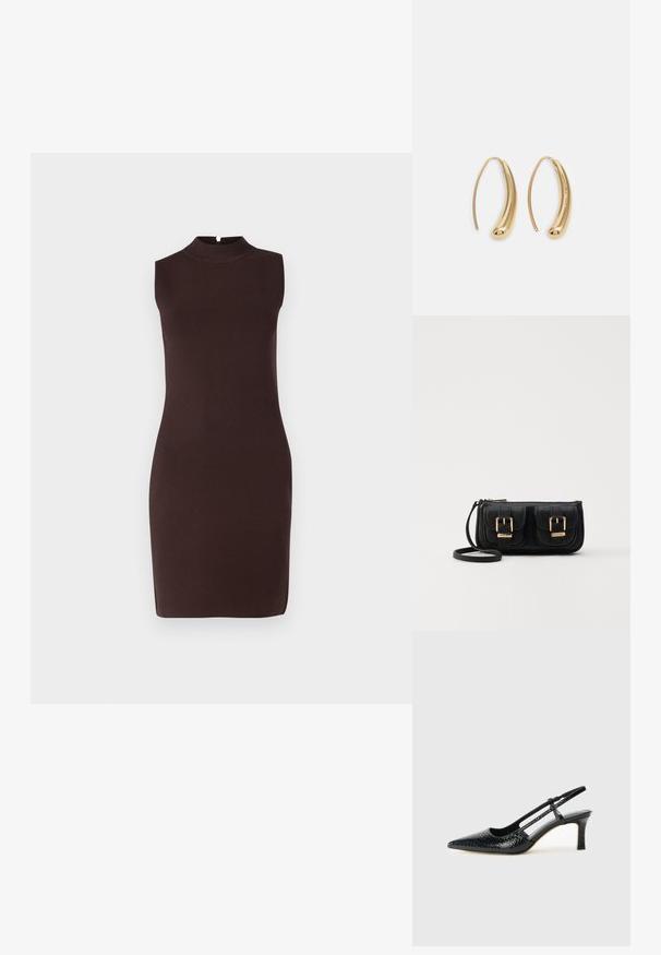 Braunes ärmelloses, tailliertes Kleid mit hohem Kragen, hergestellt aus glattem Stoff, mit minimalistischem Design und knielangem Schnitt.; Schwarze Lack-Slingback-Pumps mit spitzem Zehenbereich, versehen mit strukturiertem Schlangenprint, verstellbarem Riemen und einem kurzen, strukturierten Blockabsatz.; Schwarze Leder-Umhängetasche mit zwei vorderen Taschen, goldenen Schnallen, Reißverschluss und einem schmalen Tragegurt. Texturierte Oberfläche und kompakte rechteckige Form.; Goldfarbene Metall-Hoops mit einer geschwungenen, länglichen Form. Sie verfügen über eine glatte, glänzende Oberfläche und eine abgerundete Spitze für zusätzliche Details.