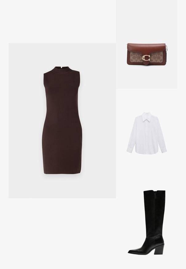 Bruine mouwloze fitted jurk met een hoge hals, gemaakt van gladde stof, met een minimalistisch ontwerp en een lengte tot de knie.; Witte lange mouwen overhemd met een brede boord, met een gladde textuur en een knoopsluiting aan de voorkant.; Zwarte laarzen tot de knie van soepel leer, met een puntige neus, een blokhak en een V-vormige uitsparing aan de bovenkant.; Bruine leren portemonnee met een gestreepte stoffen voorkant. Voorzien van een gouden ronde sluiting en een kettingband, met een gladde textuur en afgeronde randen.