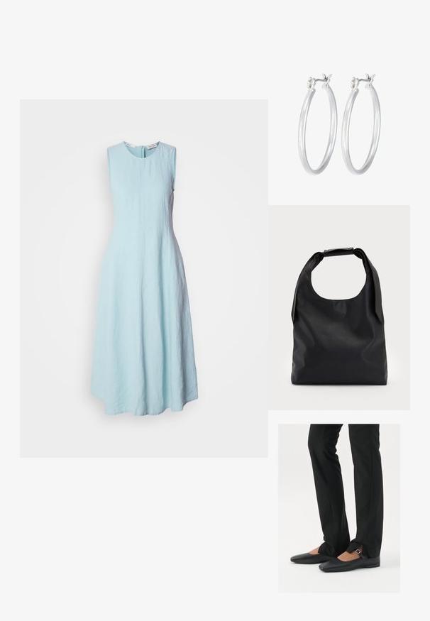 Hellblaues ärmelloses Kleid mit rundem Halsausschnitt. Hergestellt aus einem strukturierten Stoff, hat es eine ausgestellte Silhouette und einen Reißverschluss auf der Rückseite.; Schwarze Leder-Ballerinas mit spitzer Zehenpartie, Riemchen mit silberner Schnalle, kombiniert mit schwarzen taillierten Hosen mit Schlitzsaum.; Schwarze Leder-Hobo-Tasche mit einem einzelnen, weichen, abgerundeten Griff; verfügt über eine glatte Textur und ein minimalistisches Design. Keine sichtbaren Beschläge oder Akzente.; Silberne Creolen mit einer glatten, polierten Oberfläche. Runder Form und sicherem Klickverschluss. Leichtes Design, geeignet für den täglichen Gebrauch.
