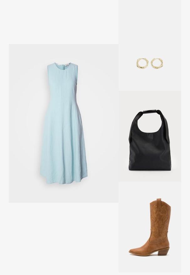 Svijetloplava haljina bez rukava s okruglim izrezom. Izrađena od teksturirane tkanine, ima suknju u obliku lepeze i zatvaranje na sredini leđa.; Smeđe kožne kaubojke s oštrim nosom, izvezenim spiralnim uzorcima na gornjem dijelu i blok petom. Imaju potporu za lakše obuvanje.; Crna kožna torba s velikim otvorom na vrhu i jednom naramenicom. Mekani tekstura, minimalistički dizajn, s diskretnim metalnim detaljima.; Zlatne okrugle naušnice s teksturiranim, nepravilnim oblikom. Imaju nevidljivo zatvaranje i polirani završni sloj, što naglašava moderan dizajn.