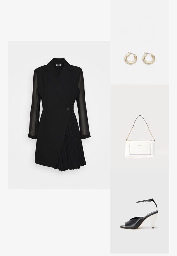 Crna krojena haljina s gornjim dijelom u stilu blejzera, prozirnim dugim rukavima, jednim dugmadi i naboranim detaljem na suknji.; Crne kožne sandale s visokim potpeticama, otvorenim prstima, asimetričnim dizajnom, remenom oko članka i metalnom konusnom potpeticom. Glatka tekstura kroz cijelu cipele.; Bijela kožna torba s teksturiranim završetkom, koja ima zlatni lančić i crne akcentne detalje. Uključuje prednji džep i zatvaranje na patentni zatvarač.; Lauren Ralph Lauren BASIC SMALL HOOP - Naušnice - gold-coloured