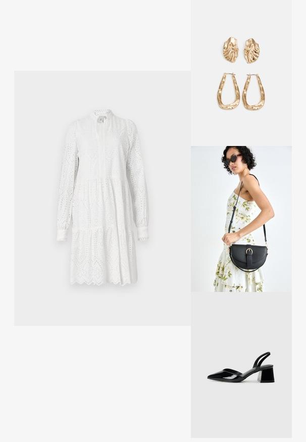 Rochie albă cu mâneci lungi, model cu perforații, guler înalt și fustă în straturi. Prezintă un tiv ondulat și o ușoară strângere în talie.; Pantofi cu toc slingback din piele lacuită neagră, cu vârf ascuțit și toc geometric. Prezintă un design elegant, minimalist și o textură netedă.; Geantă din piele neagră, cu o formă curbată, curea detașabilă și accesorii aurii. Geanta are un capac cu un detaliu tip cataramă.; Cercei aurii cu forme texturate și ondulate. Include studs sculpturale cu clip și un design de cerc deschis cu un finisaj cioplit.