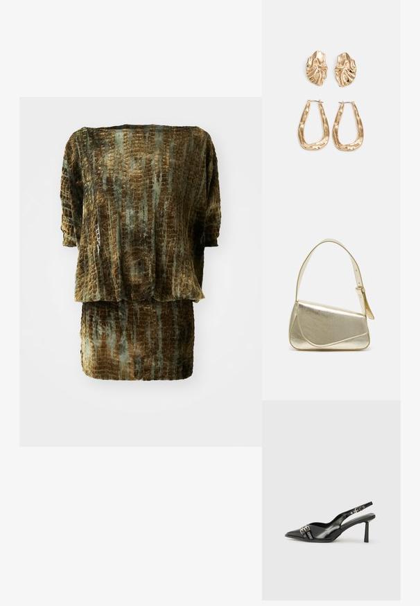 Svetovni komplet iz žameta, ki obsega ohlapen zgornji del in oprijet krilo. Bogate rjave in umirjene zelene barve s teksturiranim krokodilskim vzorcem po celotni površini.; Črne patentne usnjene sandale s koničastim nosom, zankami okoli gležnja s srebrnimi sponkami in opremo ter vitkimi petami.; Zlata metalna torbica z urejenim dizajnom, gladko teksturo in nastavljivim trakom. Ima edinstveno trikotno obliko in minimalistično šivanje.; Zlato obarvani uhani z teksturiranimi, valovitimi oblikami. Vključujejo skulpturalne sponke za ušesa in odprto obliko obročka s kladivastim finišem.
