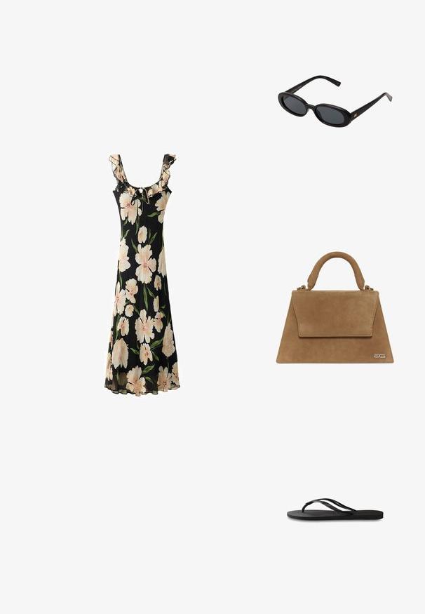 Schwarzes Blumen Kleid mit großen hellrosa Blumen, einem gerüschten Ausschnitt, verstellbarem Bindeband und einem fließenden, transparenten Stoffdesign.; Schwarze Flip-Flops mit einer strukturierten Gummisohle, zwei schlanken Riemen und einem dezenten, geprägten Logo-Detail auf dem Riemen.; Schwarze, oversized Sonnenbrillen mit ovalen Gläsern, glattem Kunststoffrahmen und goldenen Akzenten an den Bügeln. Die dunklen Gläser bieten Sonnenschutz.; Brauner Wildleder-Handtasche mit einer strukturierten Dreiecksform, einem oberen Griff und einem Klappverschluss. Verfügt über ein dezentes Logodetail an der Seite.