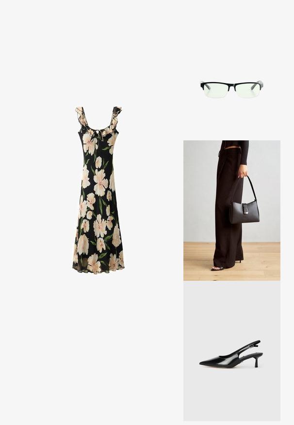 Crna cvjetna haljina s velikim svijetlopinkastim cvjetovima, volanastim izrezom, podesivim vezanjem i lepršavim, prozirnim dizajnom.; Crne lakirane salonke s otvorenom petom i uskim vrhom, tanjim potpeticama i podesivom kopčom. Glatka tekstura s minimalnim detaljima.; Crna pravokutna naočala s prozirnim lećama, sa sofisticiranim crnim okvirom i sivim prozirnim drškama. Minimalistički dizajn, bez vidljivog brendiranja.; Crna torba s oblikom koji sadrži strukturu, glađu teksturu i metalnu kopču. Uparena s širokim crnim hlačama i sandalama na otvorenom s drvenog poda.