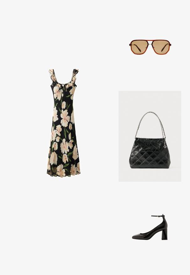 Čierne kvetinové šaty s veľkými svetloružovými kvetmi, volánkovým výstrihom, nastaviteľnými šnúrkami a splývavým, priesvitným dizajnom látky.; Čierne lakované lodičky na členku s lesklým povrchom, špicatou špičkou a širokým blokovým podpätkom. Hladká textura, minimálne detaily.; Hnedé osemuholníkové slnečné okuliare s priehľadným jantárovým rámom a hnedými tónovanými sklami. Obsahujú kovový akcent na mostíku a štíhle nožičky.; Čierna prešívaná kožená kabelka so strieborným retiazkovým uchom, ktorá má štruktúrovaný dizajn a hladkú textúru.