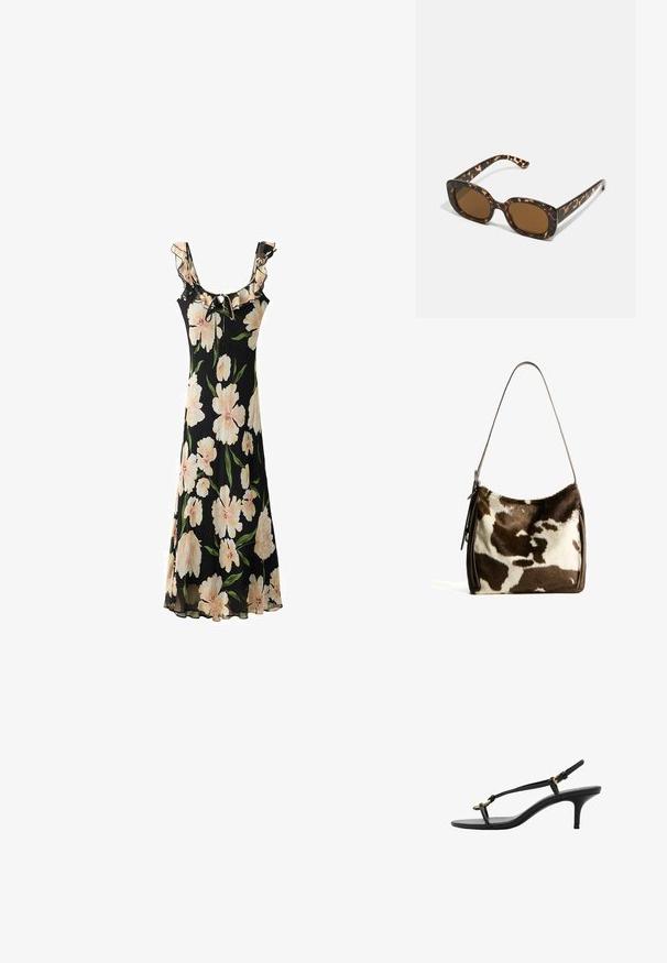 Schwarzes Blumen Kleid mit großen hellrosa Blumen, einem gerüschten Ausschnitt, verstellbarem Bindeband und einem fließenden, transparenten Stoffdesign.; Schwarze Leder-Kitten-Heel-Sandale mit dünnen Riemen, goldener Schnalle und minimalistischer Zehen-Schlaufe vor einem weißen Hintergrund.; Schildpatt-Sonnenbrille mit einem runden, klobigen Rahmen und braunen Gläsern. Verfügt über dezente Muster und gerade, zulaufende Bügel.; Braune und cremefarbene Kuhhaut-Umhängetasche mit einem glatten Ledertrageriemen, Reißverschluss und einer weichen, strukturierten Oberfläche mit einem natürlichen Muster.