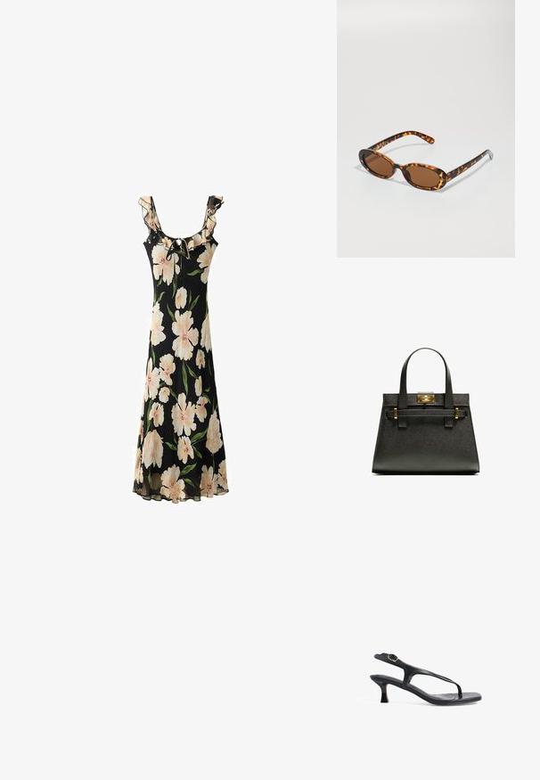 Schwarzes Blumen Kleid mit großen hellrosa Blumen, einem gerüschten Ausschnitt, verstellbarem Bindeband und einem fließenden, transparenten Stoffdesign.; Schwarze Ledersandale mit schlankem Design, dünnen Riemen und einem kleinen Absatz. Verfügt über eine Schnallenakzent und eine glatt strukturierten Fußbett.; Schildpatt-Sonnenbrille mit ovalen Rahmen, braunen Gläsern und schlanken schwarzen Bügeln mit subtilen Musterakzenten.; Schwarze, strukturierte Tragetasche mit kurzen Griffen, ausgestattet mit einem goldenen Verschluss und Akzenten. Das Design ist strukturiert und weist eine geometrische Silhouette auf.