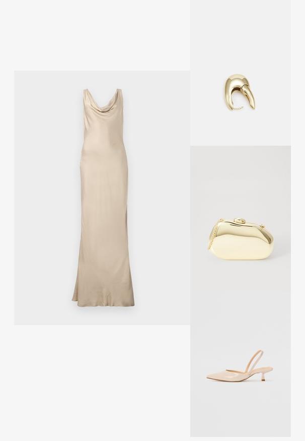 Malina LEAH COWL DRESS - Společenské šaty - champagne; Béžové lakované kožené lodičky se špičatou špičkou a štíhlým čtvercovým podpatkem. Hladký povrch a minimalistický design bez ozdob.; Metalická zlatá kabelka s hladkým, zaobleným tvarem, opatřená horním zapínáním na knoflík a malým řetízkovým popruhem pro nošení.; Náušnice ve zlatém tónu z kovu s elegantním zakřiveným designem. Vyznačují se jedinečným špičatým tvarem, lesklým povrchem a závěsem na kloub.