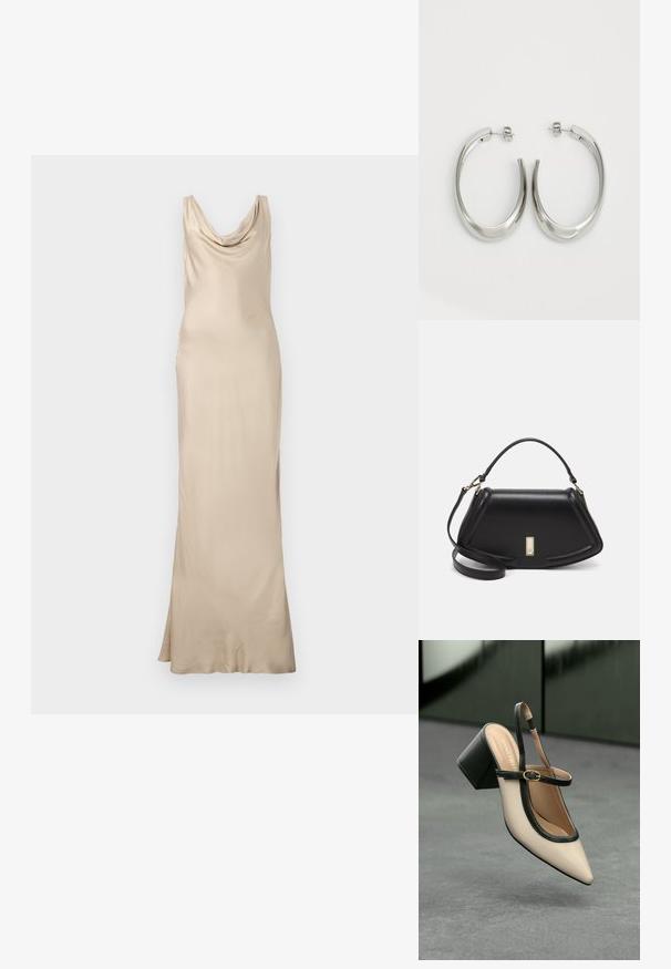 Malina LEAH COWL DRESS - Îmbrăcăminte de ocazie - champagne; Pantof divers în nuanță bej, cu vârf ascuțit, curea de susținere în spate, cu margine neagră, cataramă aurie și toc gros pe un podea gri, cu un fundal verde închis.; Geantă de umăr din piele neagră, cu un design structurat, având o formă tăiată, mânere superioare și accente din aur. Include o curea de umăr ajustabilă.; Cercei din argint, cu un design neted și curbat. Prezintă o finisare metalică strălucitoare și închidere cu stud. Fără modele sau accente vizibile.