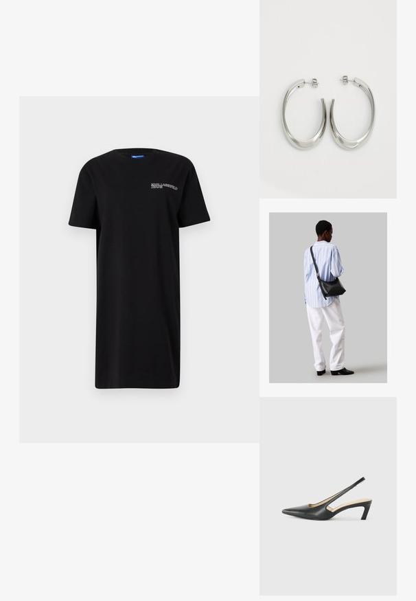 Μαύρο βαμβακερό φόρεμα t-shirt με κοντά μανίκια και χαλαρή γραμμή. Διαθέτει μικρή λευκή λογότυπη εκτύπωση στο αριστερό στήθος. Λείο υλικό.; Μαύρο παπούτσι slingback με αιχμηρή μύτη και χαμηλό τακούνι, κατασκευασμένο από λείο δέρμα με σχέδιο κοπής στη πλευρά για αερισμό.; Μαύρη δερμάτινη τσάντα ώμου με απαλή υφή, τριγωνικό σχήμα και ρυθμιζόμενο λουρί, συνδυασμένη με ένα ανοιχτό μπλε ριγέ πουκάμισο και λευκό παντελόνι.; Ασημένια σκουλαρίκια κρίκοι με μαλακή, καμπυλωτή σχεδίαση. Διαθέτουν γυαλιστερή μεταλλική υφή και κλείσιμο με σφίγγα. Χωρίς ορατά μοτίβα ή διακοσμήσεις.