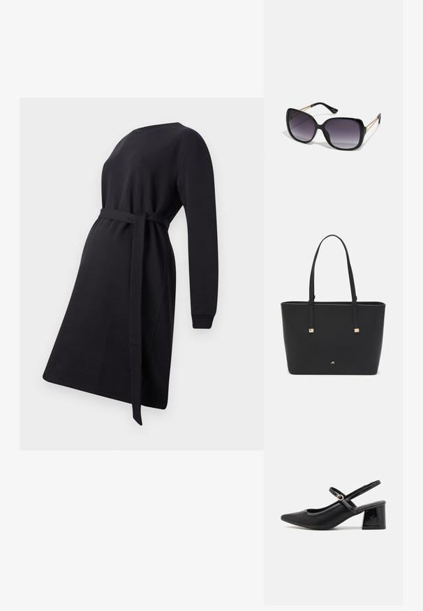 Czarna sukienka ciążowa wykonana z miękkiego materiału, z długimi rękawami, okrągłym dekoltem i wiązanym paskiem w talii do regulacji.; Czarne lakierowane czółenka na słupku ze spiczastym noskiem, lekko zaokrąglonym wycięciem i obcasem w kształcie bloku. Posiadają złotą klamrę jako akcent dekoracyjny.; Czarne oversize okulary przeciwsłoneczne z gradientowymi soczewkami, grubymi oprawkami i złotym łańcuszkiem na ramionach.; Czarna torba typu tote wykonana z materiału syntetycznego, z prostym prostokątnym wzorem, złotymi kwadratowymi akcentami i podwójnymi uchwytami.