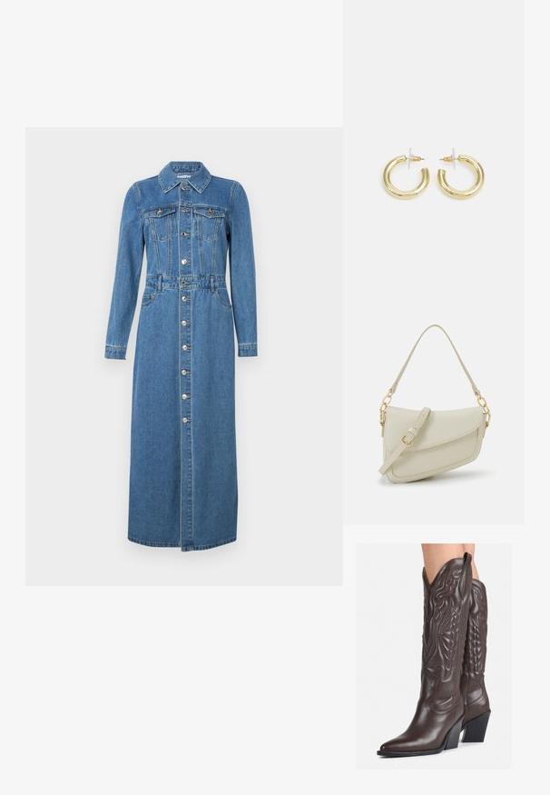 Vestido de denim com mangas longas, botões à frente, dois bolsos no peito, cintura ajustada e bainha reta até ao meio da perna. Cor azul clara e gola clássica.; Botas de cowboy em couro castanho com bico pontudo e salto quadrado, apresentando costuras detalhadas e realces elevados no cano.; Pequena bolsa de creme com um acabamento texturizado, uma alça longa ajustável, um detalhe em corrente e um fecho de aba. Detalhes em hardware dourado.; Brincos em argola dourados com um acabamento liso e brilhante. Design circular com um pequeno pino e suporte transparente para um uso seguro.