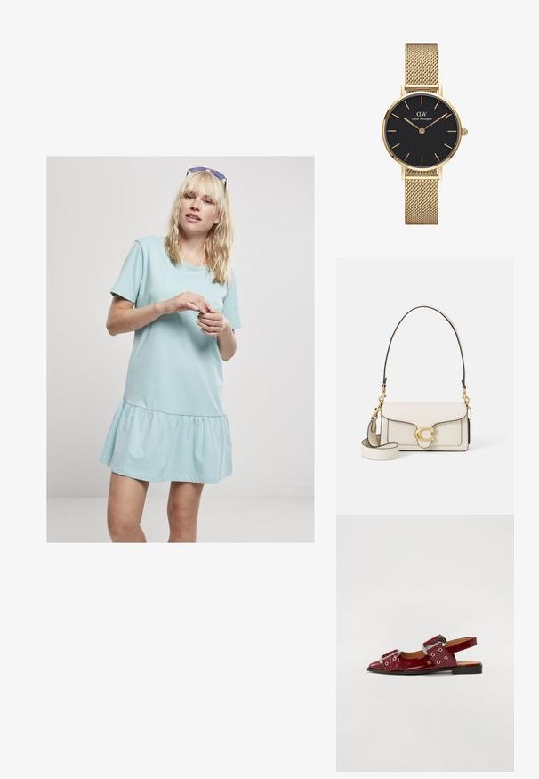 Svetlo modra bombažna obleka z okroglim izrezom in kratkimi rokavi, s poudarjeno krilo z nabranimi detajli na robu.; Burgundske patene usnjene čevlje s sprednjim koncem, ki imajo dve prilagodljivi zaponki in srebrne okrasne detajle.; Kremasta usnjena torbica s strukturo, kontrastnimi črnimi robovi, z zlatim okovjem in snemljivim trakom, ki ima podpisani logotip.; Zlata mrežasta narukvica s crnim okruglim brojčanikom, minimalistični indeksi i srebrna krunica; s logotipom na položaju 12 sati.