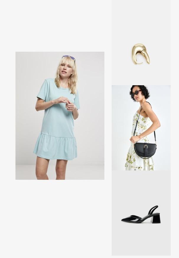 Lys blå bomullsprint med rund hals og korte ærmer, med en bred skørt med rynkede detaljer i kanten.; Svarte patentlær slingback hæler med spiss tå og geometrisk blokk hæl. Har et stilrent, minimalistisk design og jevn tekstur.; Svart lærveske med en buet form, avtagbar stropp og gullbeslag. Vesken har et klaff med spenne-detall.; Gullfarget metalløredobber med et elegant, buet design. Har en karakteristisk spiss form, polert overflate og hengsel-lukking.