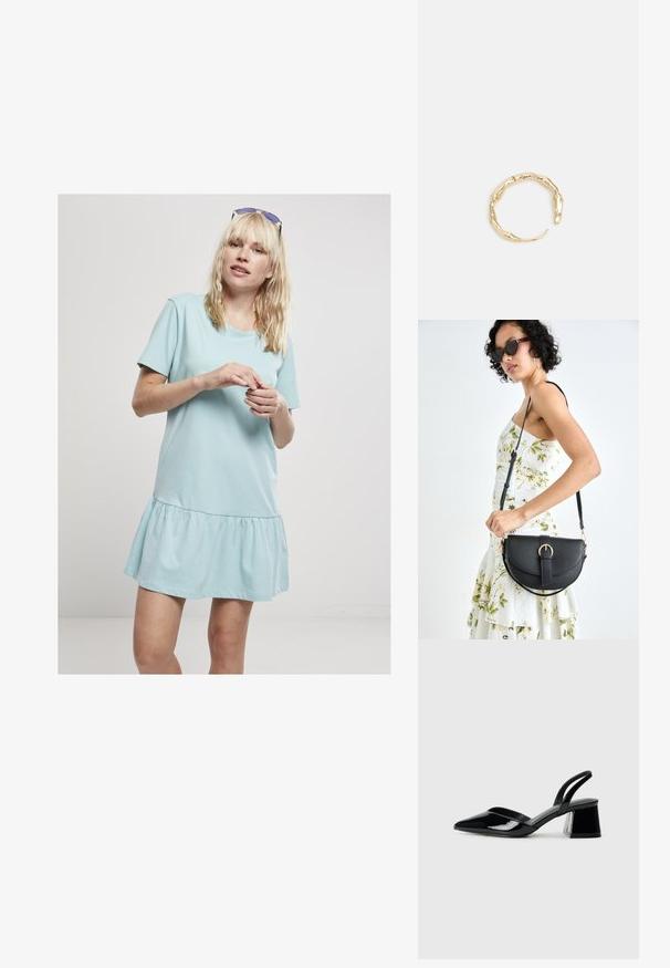 Šviesiai mėlyna medvilninė suknelė su apvalia iškirpte ir trumpomis rankovėmis, pasižyminti plačia sijono dalimi su susiraukšlėmis apatinėje dalyje.; Juodos lakuotos odinės šlepetės su smailiu pirštu ir geometriniu bloko kulnu. Turi elegantišką, minimalistinį dizainą ir lygų paviršių.; Juodas odinis krepšys su išlenkta forma, nuimamu dirželiu ir auksiniais detalėmis. Krepšys turi kilpą su sagtimi.; Auksinės spalvos žiedas, turintis organišką, sukimosi dizainą su lygiu paviršiumi ir siaurėjančiais galais, sukuriantis modernią skulptūrinę išvaizdą.