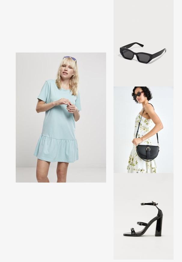 Gaiši zila kokvilnas kleita ar apaļu kakla izgriezumu un īsām piedurknēm, ar vaļīgu svārku, kura apakšdaļā ir sakrāta detaļa.; Melnas lakotas augstpapēžu čības ar kvadrāta purngalu, potīšu siksniņām un sudraba sprādzēm. Aprīkotas ar masīvu bloku papēdi stabilitātei.; Melnas taisnstūra saulesbrilles ar biezām rāmja malām, tumšiem lēcām un stūrainu dizainu. Gluda plastikāta materiāls bez redzamām tekstūrām vai akcendiem.; Melnas ādas rokassoma ar izliekta formu, noņemamu siksnu un zelta aksesuāriem. Somai ir vāciņš ar sprādzes detaļu.; Sudraba divu joslu gredzens ar gludu, pulētu virsmu. Iezīmējas ar plūstošu, izliekta dizaina struktūru ar pārklājošām sekcijām modernam izskatam.