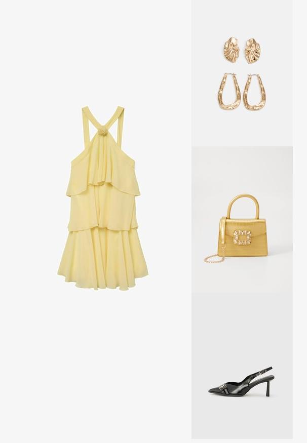 Žuta haljina s tiered dizajnom, koja se lagano počinje širiti, s tanjim trakama i naboranim leđima. Naglašena cvjetnim detaljem na trakama.; Crna lakirana slingback cipela s izduženim vrhom, remenčićima oko gležnja s srebrnim kopčama i dijelovima, te vitkim potplatom.; Žuta torbica od umjetnog krokodila sa strukturiranim dizajnom, gornjom ručkom, odvojivim lančićem i dekorativnim kristalnim ukrasom na kopči.; Naušnice zlatne boje s teksturiranim, valovitim oblicima. Uključuju skulpturalne kopče i dizajn otvorene kružnice s kovanom završnom obradom.