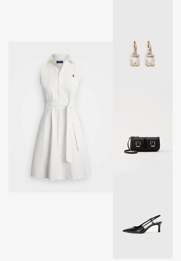 Λευκό αμάνικο φόρεμα από βαμβάκι, με κουμπιά μπροστά, γιακά και ζώνη που δένει στη μέση; κεντημένο λογότυπο κοντά στο στήθος.; Μαύρη πατέντα σλινγκμπάκ γόβα με μυτερή μύτη, διαθέτει υφή από φίδι, ρυθμιζόμενο λουρί και κοντή, υφή τετράγωνη φτέρνα.; Μαύρη δερμάτινη τσάντα ώμου με δύο μπροστινές τσέπες, χρυσά κούμπωματα, κλείσιμο με φερμουάρ και λεπτό λουρί. Υφή επιφάνειας και κομψό ορθογώνιο σχήμα.; Χρυσά σκουλαρίκια με ορθογώνιο, καθαρό κρύσταλλο που κρέμεται κάτω από μια σειρά μικρών, στρογγυλών, καθαρών λεπτομερειών. Λεπτός, σύγχρονος σχεδιασμός.