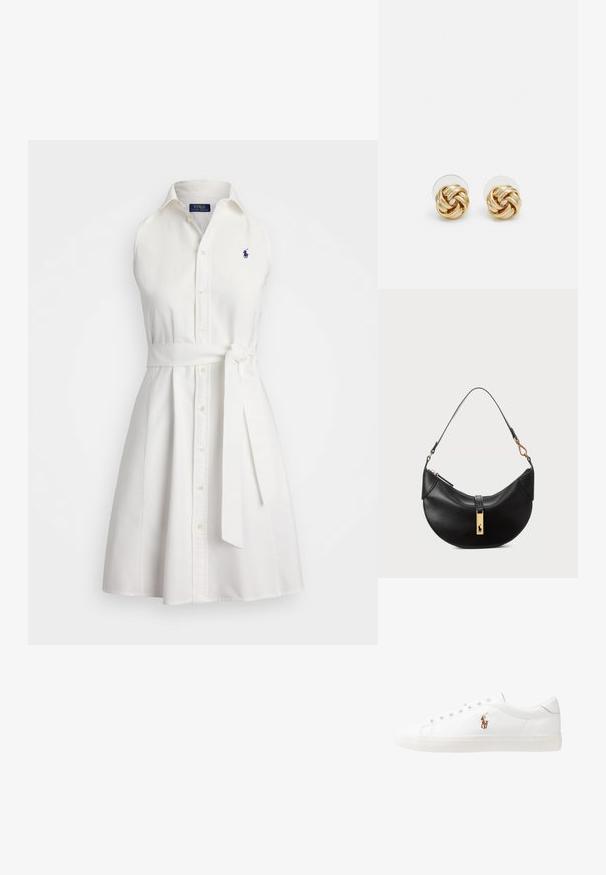 Vestido sem mangas branco feito de algodão, com frente de botões, colarinho e um cinto amarrado na cintura; logótipo bordado perto do peito.; Sapatilhas de couro brancas, design de cano baixo, com textura suave, biqueira redonda, atacadores à frente e um pequeno logótipo bordado na lateral.; Bolsa de couro preto em forma de meia-lua. Apresenta um detalhe em metais dourados e uma alça estreita. Textura suave, fechamento em zíper na parte superior.; Brincos de pressão em tom dourado com um design torcido. Cada brinco possui uma base circular transparente para um uso seguro.