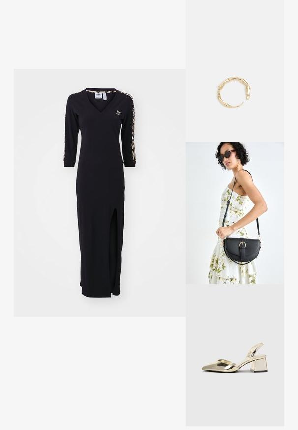 adidas Originals LEO MAXI DRESS - Jerseykjole - black; Guld, metalliske slingback-hæle med spids tå og kraftig hæl. Glat tekstur, minimalistisk design og en smal strop.; Sort læderhåndtaske med en buet form, aftagelig rem og guldfinish. Tasken har en klap med en spænde detalje.; Guld-tone ring med et organisk, snoet design, glat overflade og affasede ender, hvilket skaber et moderne, skulpturelt udseende.