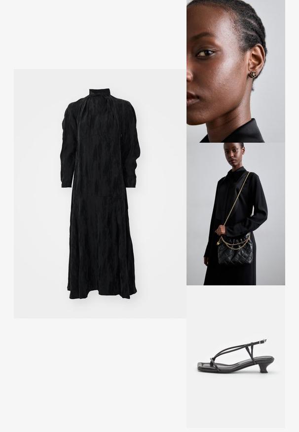 Schwarzes Langarmkleid mit hohem Kragen, das eine fließende Silhouette, strukturierte Stoffe und unauffällige Nähte für einen nahtlosen Look bietet.; Schwarze Leder-Sandale mit dünnen Riemen, niedrigem Blockabsatz und quadratischer Spitze. Sie verfügt über einen Schnallenverschluss und eine glatte Textur.; Schwarze gesteppte Ledertasche mit einem gerafften oberen Teil, goldfarbener Kettenriemen und rechteckiger Form, vor einem schlichten Hintergrund gehalten.; Die goldenen Blumensteckerohrringe haben ein strukturiertes schwarzes Zentrum und zarte Verzierungen. Die klare Haut und die geflochtenen Haare des Modells sind profilseitig sichtbar.