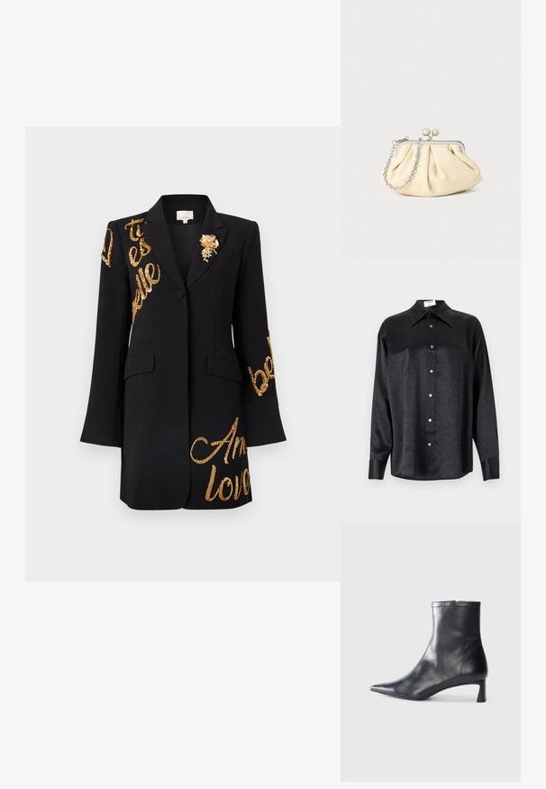 Svart kavaj med långa ärmar, med guldfärgade paljetter i text och en blomformad brosch på bröstet. Klassisk slag och strukturerad design.; Svart långärmad skjorta med krage, med en krinklad textur, full knappstängning och manschetter. Tillverkad av ett glatt tyg.; Svart läder ankelboot med spetsig tå och en smidig design. Har en låg klack och en dragkedjestängning bak. Slät textur.; Plisserad beige läderclutch med en silvermetallram, som har två runda dekorativa lås och en silverkedjestrap.