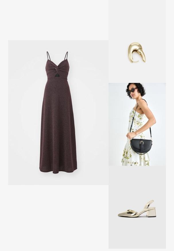 Lang burgunderfarget kjole med tettsittende liv, tvistet frontdetalj, tynne justerbare stropper og en luftig teksturert skjørt. Inkluderer en liten utskjæring.; Gull, metallisk slingback-hæler med spiss tå og chunky hæl. Glatt tekstur, minimalistisk design og en smal stropp.; Svart lærveske med en buet form, avtagbar stropp og gullbeslag. Vesken har et klaff med spenne-detall.; Gullfarget metalløredobber med et elegant, buet design. Har en karakteristisk spiss form, polert overflate og hengsel-lukking.