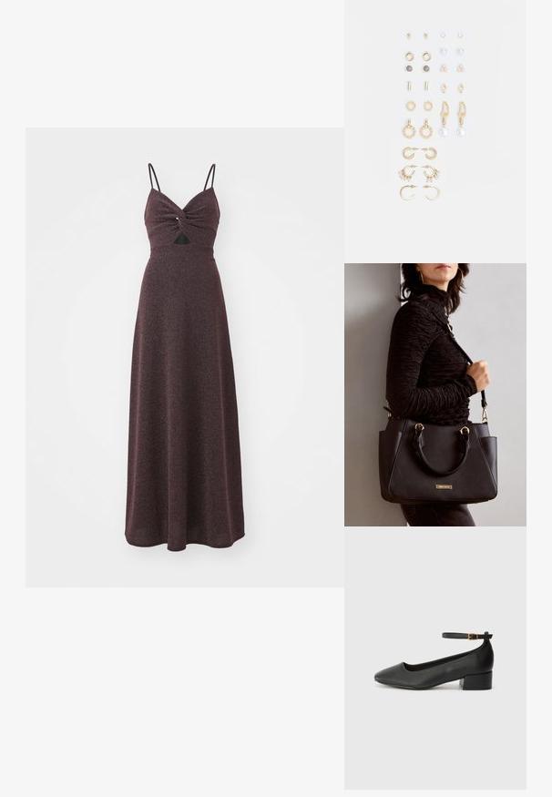 Lang burgunderfarget kjole med tettsittende liv, tvistet frontdetalj, tynne justerbare stropper og en luftig teksturert skjørt. Inkluderer en liten utskjæring.; Sorte skinnpumper med spiss tå og lav blokkhelt. Har ankelrem med gullfarget spenne. Glatt tekstur.; Svart håndveske med teksturert overflate, doble topphåndtak og justerbar skulderrem. Har detaljer i gulltone og sidelommer.; Sett med gullfargede øredobber med ulike design, inkludert stikkere, hoops og hengende deler med perler og rhinestones.