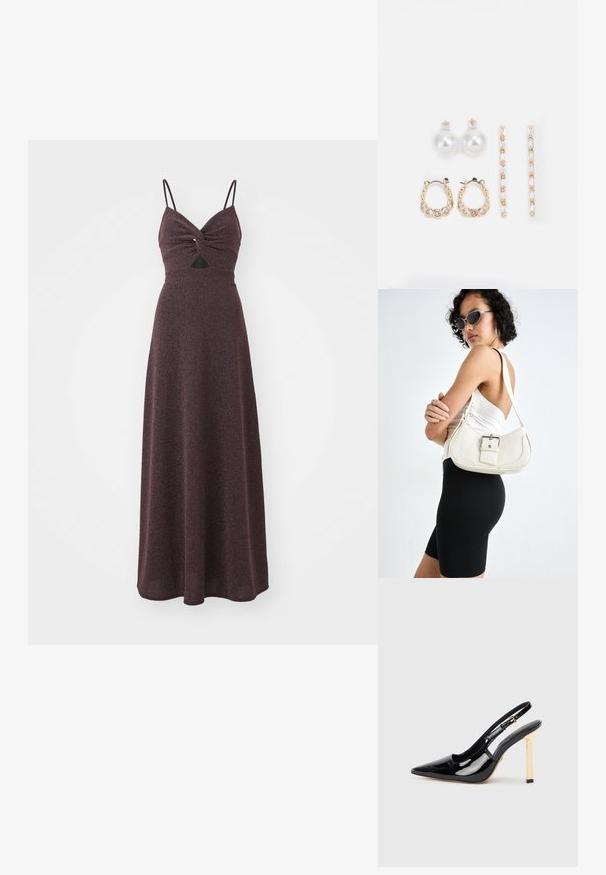 Hosszú burgundy színű ruha, a testhez simuló felsőrésszel, csavarodott elülső részlettel, vékony, állítható pántokkal és légies, texturált szoknyával. Tartalmaz egy kis kivágást.; Fekete lakkbőr pántos magassarkú cipő hegyes orral és aranyszínű négyzet sarkú díszítéssel. Állítható bokapánttal rendelkezik.; Fehér bőr kézitáska ívelt formával, állítható pánttal és egy kis csattal. A modellen fitted fekete ruha van.; Három fülbevalópár: nagy fehér gyöngy fülbevalók, arany karika fülbevalók, tiszta drágakövekkel, és két hosszú, egyenes arany akcentus fülbevaló csillogó részletekkel.