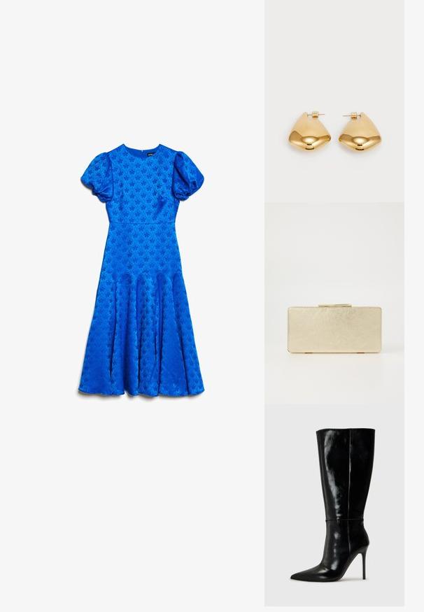 Zila midi kleita ar pūkām īsām piedurknēm, pieguļošu jostasvietu, smalku ziedu šuves rakstu un izplestu svārku paneļiem.; Melnas ādas zābaki līdz ceļiem ar smailu purngali un augstu stiletto papēdi. Gluda tekstūra un elegants dizains, ar minimālu dekoru.; Zelta naudas maciņš ar gludu metālisku apdari, taisnstūra forma un vienkārša aizdare. Nav redzamu rakstu vai rotājumu.; Zelta krāsas metāla auss gredzeni ar gludu, apaļu trīsstūra formu un āķa aizmuguri; atstarojoša virsma ar minimālu apdari.