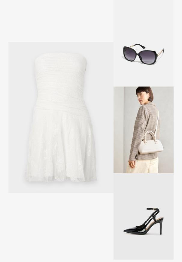 Rochie albă fără bretele, cu un corset pliat, detalii din dantelă și o fustă evazată. Fabricată dintr-un material ușor cu un finisaj texturat.; Pantofii slingback din piele lăcuită neagră cu toc înalt, vârf ascuțit, brățară reglabilă la gleznă și părți laterale deschise. Textură netedă.; Ochelari de soare negri, supradimensionați, cu lentile degradate, rame groase și detalii cu lanț de ton auriu pe brațele templului.; Geantă structurată albă, cu mânere scurte și curea de umăr, având accente din metal aurit și material texturat, expusă pe un fundal gri.