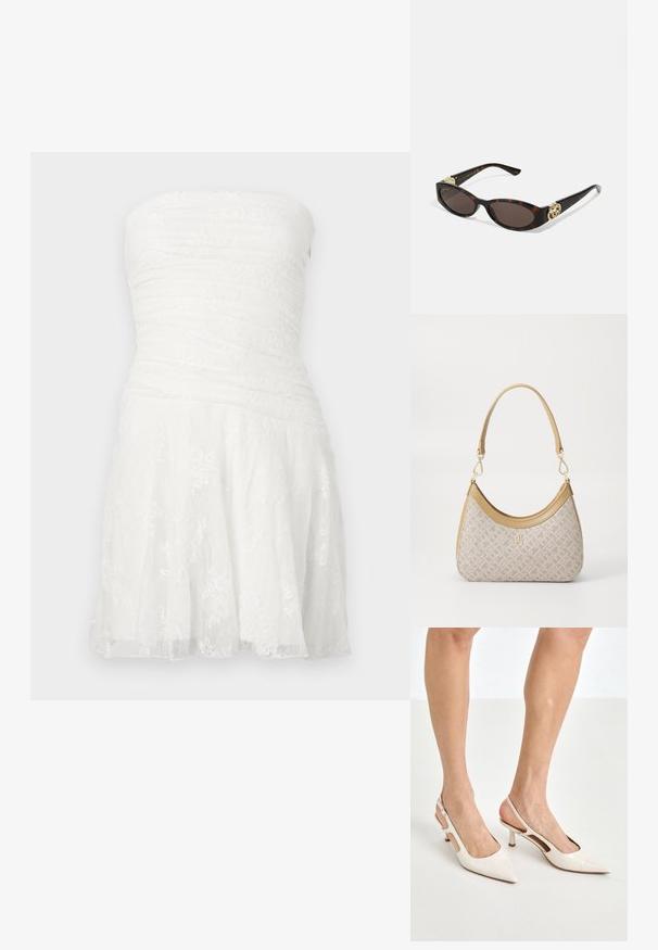 Biała sukienka bez ramiączek z marszczonym fasonem, koronkowymi detalami i rozkloszowanym dołem. Wykonana z lekkiego materiału o teksturowym wykończeniu.; Beżowe lakierowane szpilki z odkrytą piętą, zakończone spiczastym noskiem i 5 cm obcasem, z wyciętymi bokami oraz cienkim paskiem na kostce.; Słoneczne okulary w kolorze żółwi z wydłużonymi owalnymi soczewkami, brązowym odcieniem, złotymi akcentami logo na zausznikach oraz smukłymi czarnymi ramionami.; Beżowa torebka w wzory o zakrzywionym kształcie, z skórzanymi akcentami i złotym logo z przodu. Posiada krótki uchwyt, co ułatwia noszenie.; Naszyjnik z pereł i kryształów o okrągłym, koralikowym wzorze w jasnych odcieniach, z naprzemiennie umieszczonymi perłami i błyszczącymi akcentami, noszony na szyi.