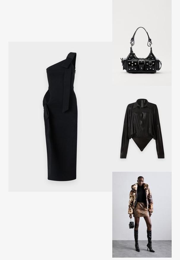 Must mustone õlavarre kleit tekstureeritud kangast. Omab külg lõiget ja õlale seotud aktsenti, koos sujuva ja istuva siluetiga.; Must tooni bodysuit pikad varrukad, V-keres ja stuudiud joontega. Valmistatud läikivast, siledast kangast, millel on konstruktsiooniga krae ja mansetid.; Põuejope pruuni ja musta mustriga, kokku sobitatud pruuni madu nahast mini-seelikuga, mustade reie kõrguste saapadega ja väikese musta kotiga.; Must värvi nahast käekott, millel on kaarjas disain, hõbedased nupukesed, kinnitusahe ja kaks külgtaskut. Reguleeritav rihm erinevate kandmisvõimaluste jaoks.