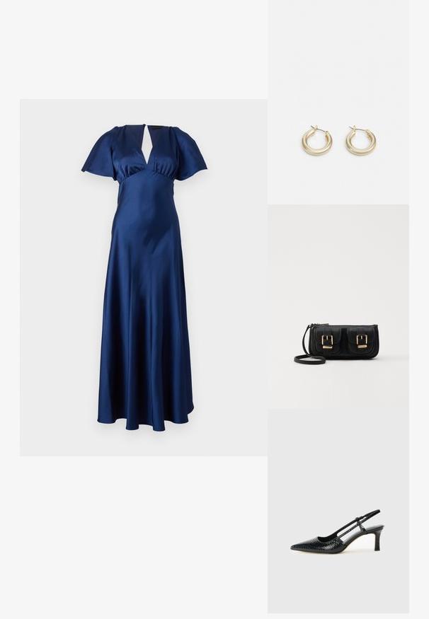 Vestido de satén azul marino con mangas cortas tipo volante, escote en V profundo y una silueta en A fluida. Textura suave con un diseño minimalista.; Tacón slingback negro de charol con punta afilada, que presenta un estampado de serpiente texturizado, correa ajustable y un tacón bloque corto y texturizado.; Bolso cruzado de cuero negro con dos bolsillos frontales, hebillas doradas, cierre de cremallera y una correa delgada. Superficie texturizada y forma rectangular compacta.; Lauren Ralph Lauren BASIC SMALL HOOP - Pendientes - gold-coloured