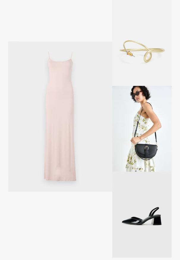 Roze, bezručni maksi haljina s uskim korzetom i lepršavom suknjom. Izrađena od mekog, glatkog materijala s minimalističkim dizajnom i bez vidljivih uzoraka.; Crne lakirane kožne sandale s otvorenom petom i špicastim vrhom, s geometrijskom blok petom. Imaju elegantan, minimalistički dizajn i glatku teksturu.; Crna kožna torba s lukovitim oblikom, odvojivim remenom i zlatnim detaljima. Torba ima preklop s kopčom.; Zlatna metalna narukvica s fluidnim, zavojitim dizajnom. Sadrži mali, istaknuti srebrni akcent na jednom kraju.