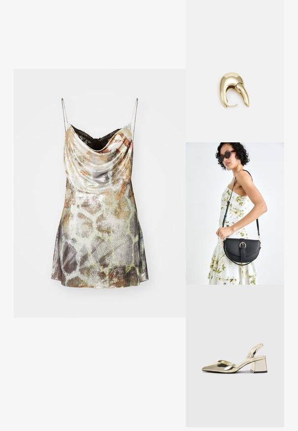 Obleka s kapuco in tankimi naramnicami, metalni srebrni material z abstraktnimi vzorci v zemeljskih tonih ter razširjen rob.; Zlati, kovinski slingback čeveljci z ostrim nosom in masivnim peto. Gladka tekstura, minimalistična zasnova in ozka zanka.; Črna usnjena torbica s ukrivljeno obliko, z odstranljivo naramnico in zlatimi dodatki. Torbica ima pokrov s podrobnostmi v obliki zaponke.; Uhane nakit iz zlatastega tona z gladko, ukrivljeno zasnovo. Ima edinstveno koničasto obliko, polirano površino in zaponko s tečajem.