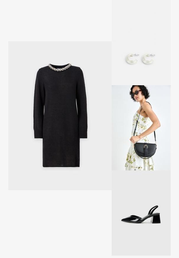 Vestido de malha preto com mangas longas, tecido texturizado e colarinho decorativo com contas. Silhueta simples e direita. Sem padrões ou acentos adicionais.; Sandy em verniz preto com salto slingback, ponta afilada e salto geométrico. Apresenta um design elegante e minimalista com textura suave.; Bolsa de couro preta com forma curva, alça destacável e detalhes em dourado. A bolsa possui uma aba com detalhe de fivela.; Brincos em tom prateado com um design em argola torcida, apresentando uma superfície texturizada e detalhes canelados, fixados com um fecho de pino.