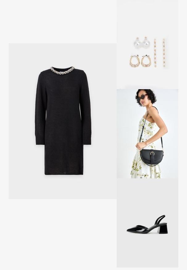 Fekete kötött ruha hosszú ujjakkal, textúrált anyagból, díszes gyöngyös gallérral. Egyszerű, egyenes sziluett. Nincsenek minták vagy további díszítések.; Fekete lakk bőr szandálkés magas sarkú cipő, hegyes orral és geometrikus tömbsarkakkal. Karcsú, minimalista dizájn és sima textúra jellemzi.; Fekete bőrtáska ívelt formával, levehető pánttal és arany színű fémrészekkel. A táskán egy csattal díszített fedél található.; Három fülbevalópár: nagy fehér gyöngy fülbevalók, arany karika fülbevalók, tiszta drágakövekkel, és két hosszú, egyenes arany akcentus fülbevaló csillogó részletekkel.