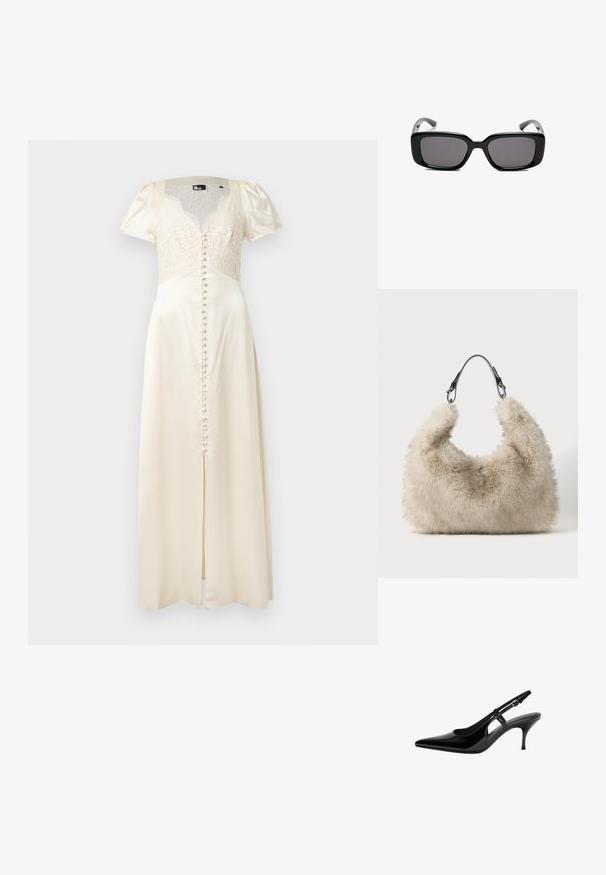 Krämfärgad lång klänning i satin med spetsöverdel, korta puffärmar, knäppning framtill och en lårhög slits för extra detalj.; Svart lackläder slingback-pump med spetsig tå, öppna sidoutskärningar, smal klack och justerbart ankelsnöre.; Svarta rektangulära solglasögon med mörka linser, slimmad plastbåge och böjda tempel. Designen är kraftig med en minimalistisk estetik.; Beige fluffy handväska med en böjd form, konstruerad av mjuk faux fur. Har ett svart läderhandtag med metallaccessoarer.