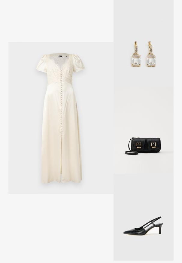 Robe longue en satin crème avec corsage en dentelle, manches courtes bouffantes, fermeture à boutons sur le devant et une fente haute sur la cuisse pour plus de détails.; Escarpin slingback en vernis noir avec un bout pointu, présentant un imprimé serpent texturé, une sangle réglable et un petit talon bloc texturé.; Sac en cuir noir porté en travers avec deux poches avant, boucles dorées, fermeture zippée et une sangle fine. Surface texturée et forme rectangulaire compacte.; Boucles d'oreilles en or lumineux avec un cristal rectangulaire transparent pendent sous une rangée de petits accents ronds transparents. Design élégant et moderne.