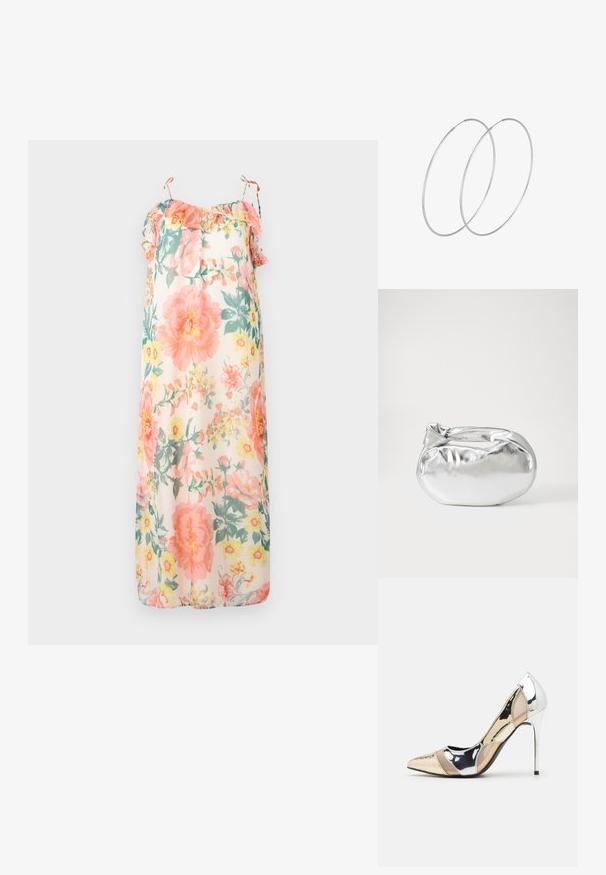 Vestido maxi floral en colores pastel, con tirantes con volantes, un corte holgado y una tela ligera y semitransparente con patrones de flores rosas y amarillas.; Zapato de tacón alto con punta afilada en una combinación de colores plateado, dorado y nude. Acabado brillante con diseño recortado, que presenta un tacón de aguja.; Bolsa de pouch metálica plateada con una forma suave y redondeada y un cierre en la parte superior con un nudo. Hecha de un material de imitación de cuero suave.; Pendientes de aro plateados con un diseño minimalista. Forma circular, textura suave y perfil delgado. Livianos con un acabado pulido.